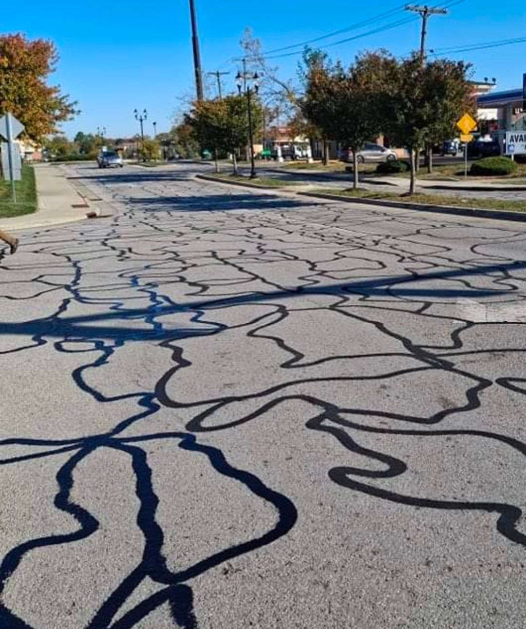 Cracked residential street with fresh black sealant lines under a clear blue sky