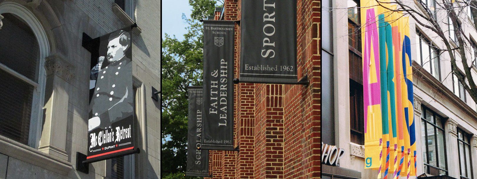 A collage of three different buildings with signs on them.