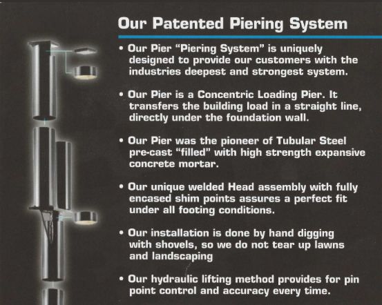 A flyer for our patented piering system is shown