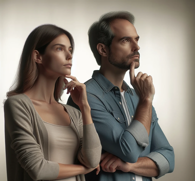 A man and a woman standing next to each other with their hands on their chins