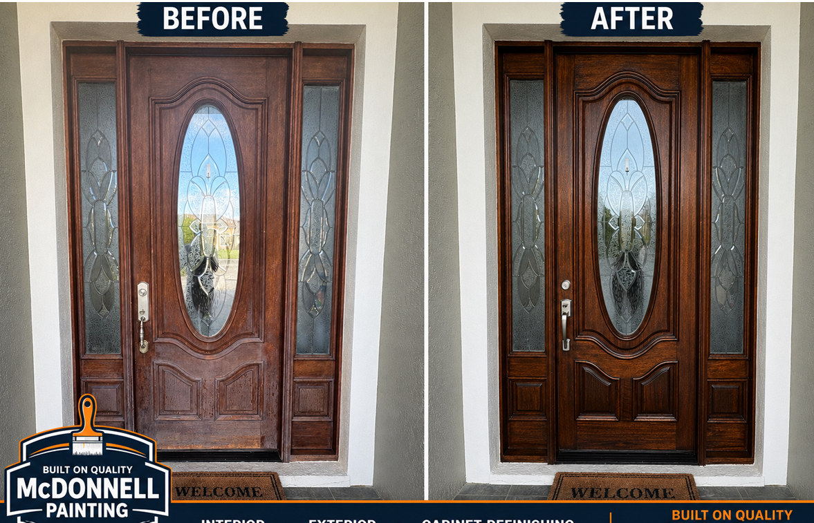 Before-and-after of a brown front door refinishing, with brighter wood finish in the after image.