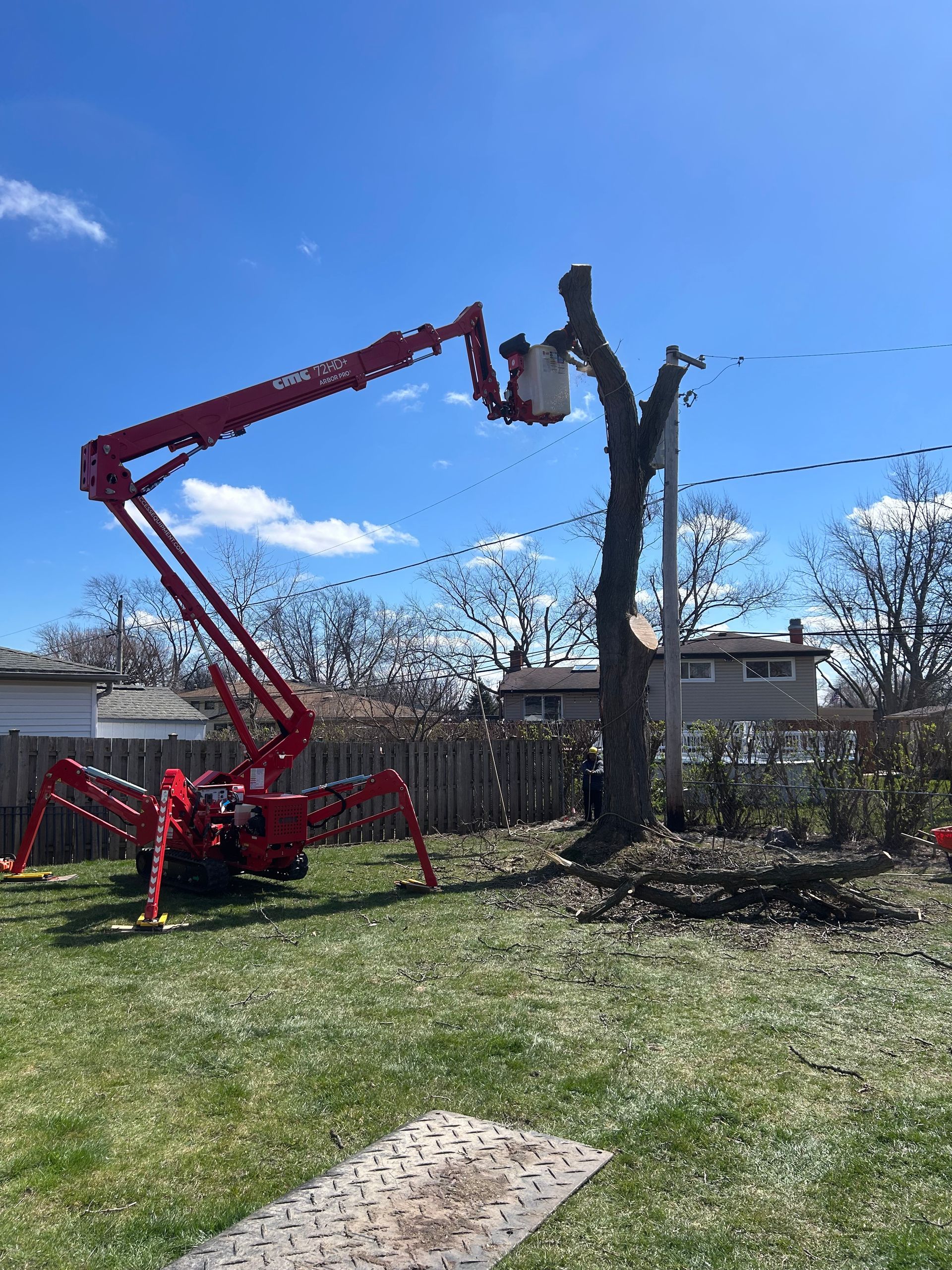 A man is cutting a tree with a crane in a backyard