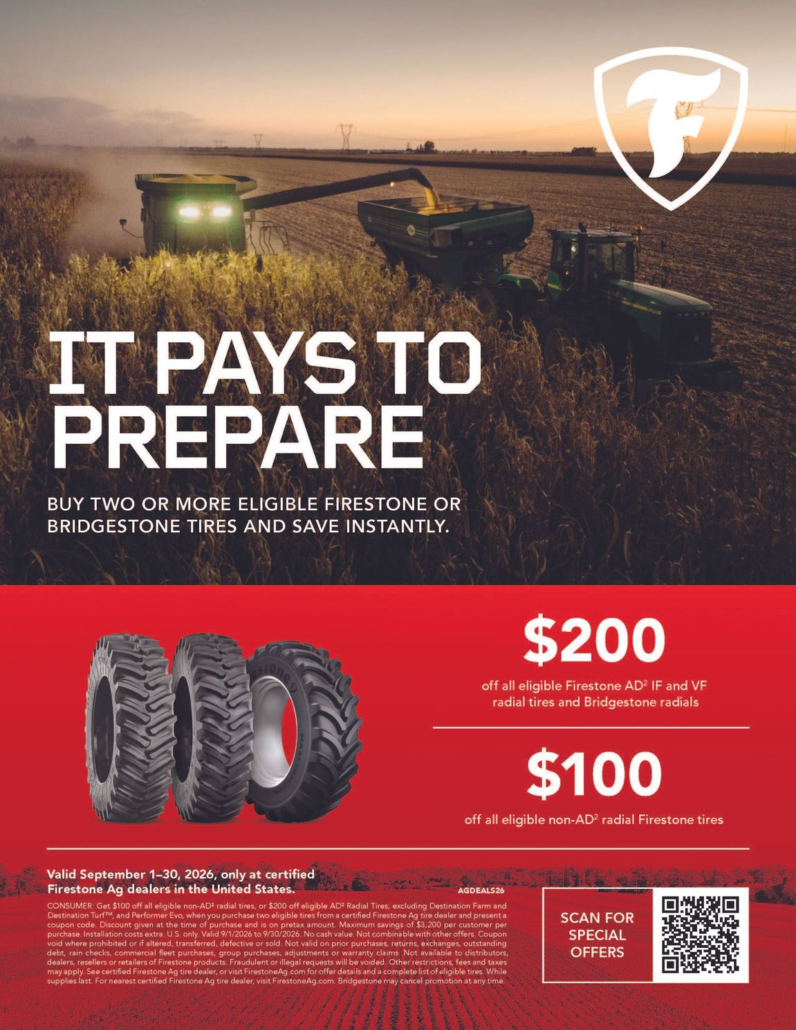 Tire advertisement with tractor in a field, bold “It pays to prepare” text and $200/$100 pricing on red background