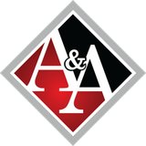 Diamond logo with red and black background, "A&A" white letters, silver border.