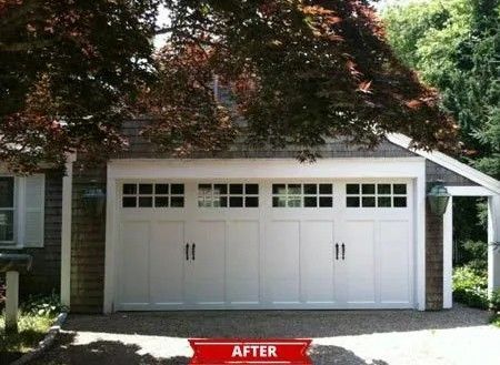 White three-car garage door on a house, labeled “AFTER,” beneath leafy trees.