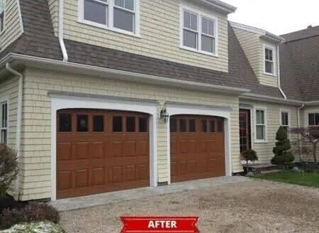 Front view of a house with two brown garage doors and a small red “AFTER” label.