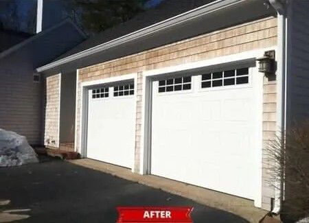 Two white garage doors on a beige house exterior, with an “AFTER” label at the bottom.