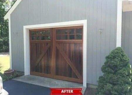 Wooden double barn doors on a gray garage with white trim and a red “AFTER” label at the bottom