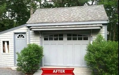 White garage with decorative trim and bushes, showing a red “AFTER” banner at the bottom.