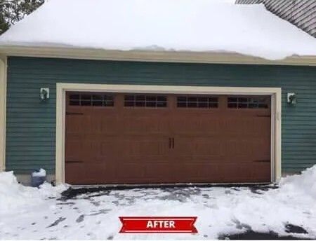 Brown garage door on a green house in snowy driveway, labeled “AFTER” at the bottom.
