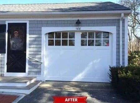 Front view of a house with a white garage door and gray siding, marked “AFTER” at the bottom.
