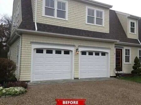 Suburban house exterior with two white garage doors and a gravel driveway, labeled “before”