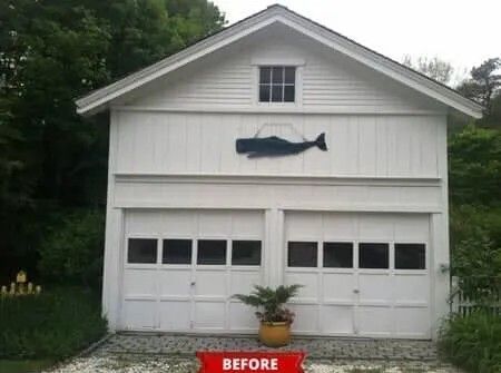 White garage with fish decoration above double doors, labeled “BEFORE” at bottom