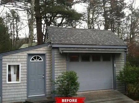 Small gray detached garage with side door and closed garage door, labeled “BEFORE” in front of trees