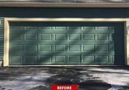 Green garage door with rectangular panels, shown in a driveway before renovation.