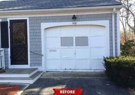 House exterior with a white garage door and front steps, labeled “before” at the bottom.
