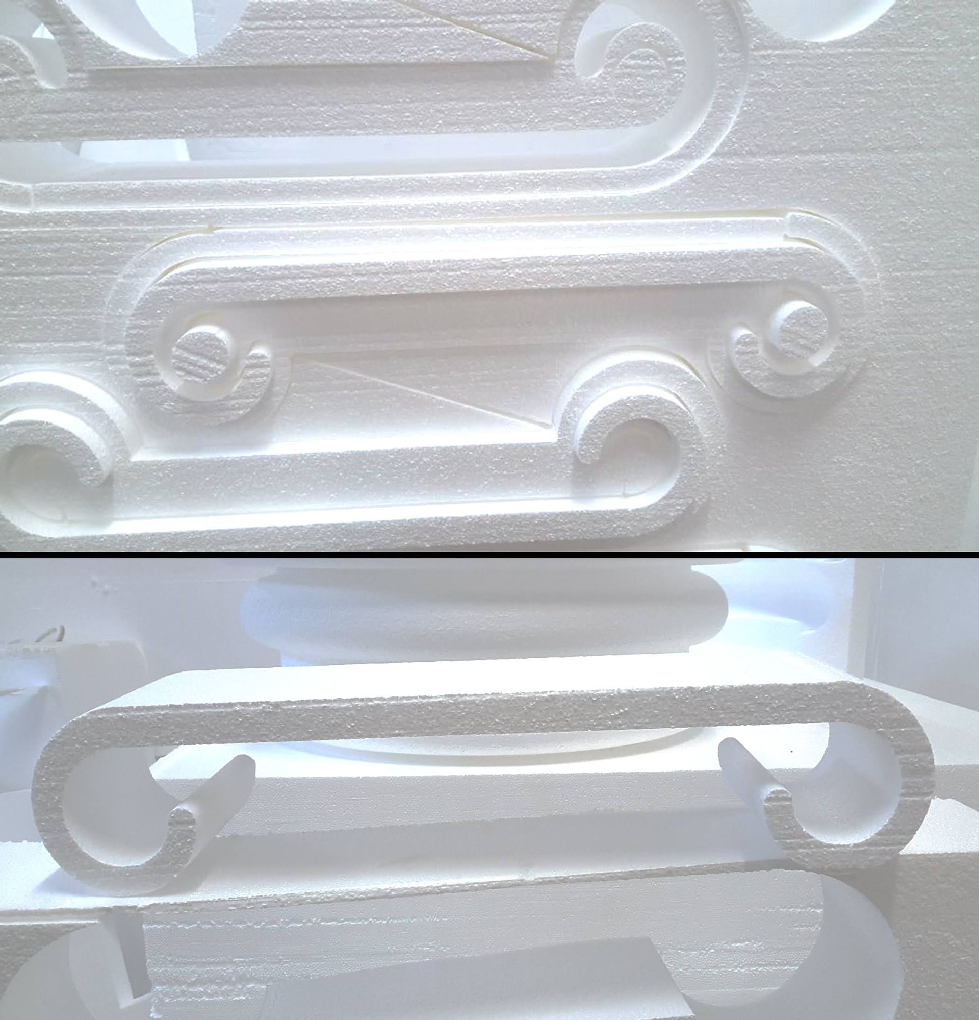 A close up of a piece of styrofoam with a car design on it.