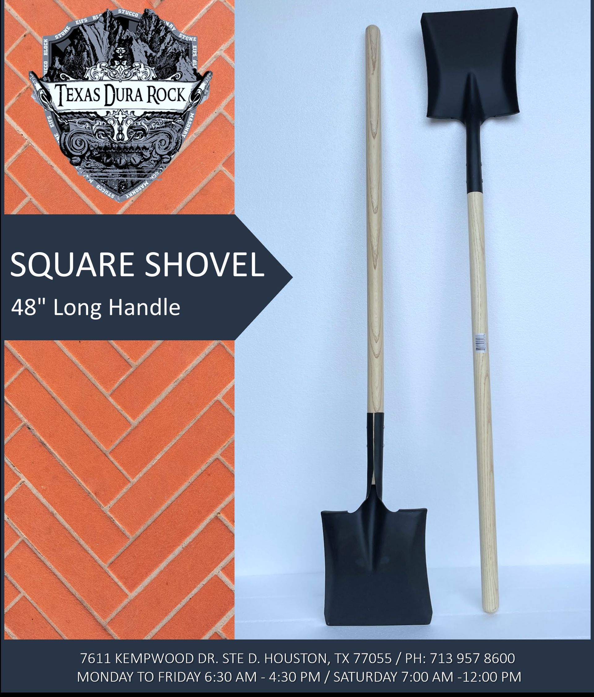 A picture of a square shovel with a wooden handle