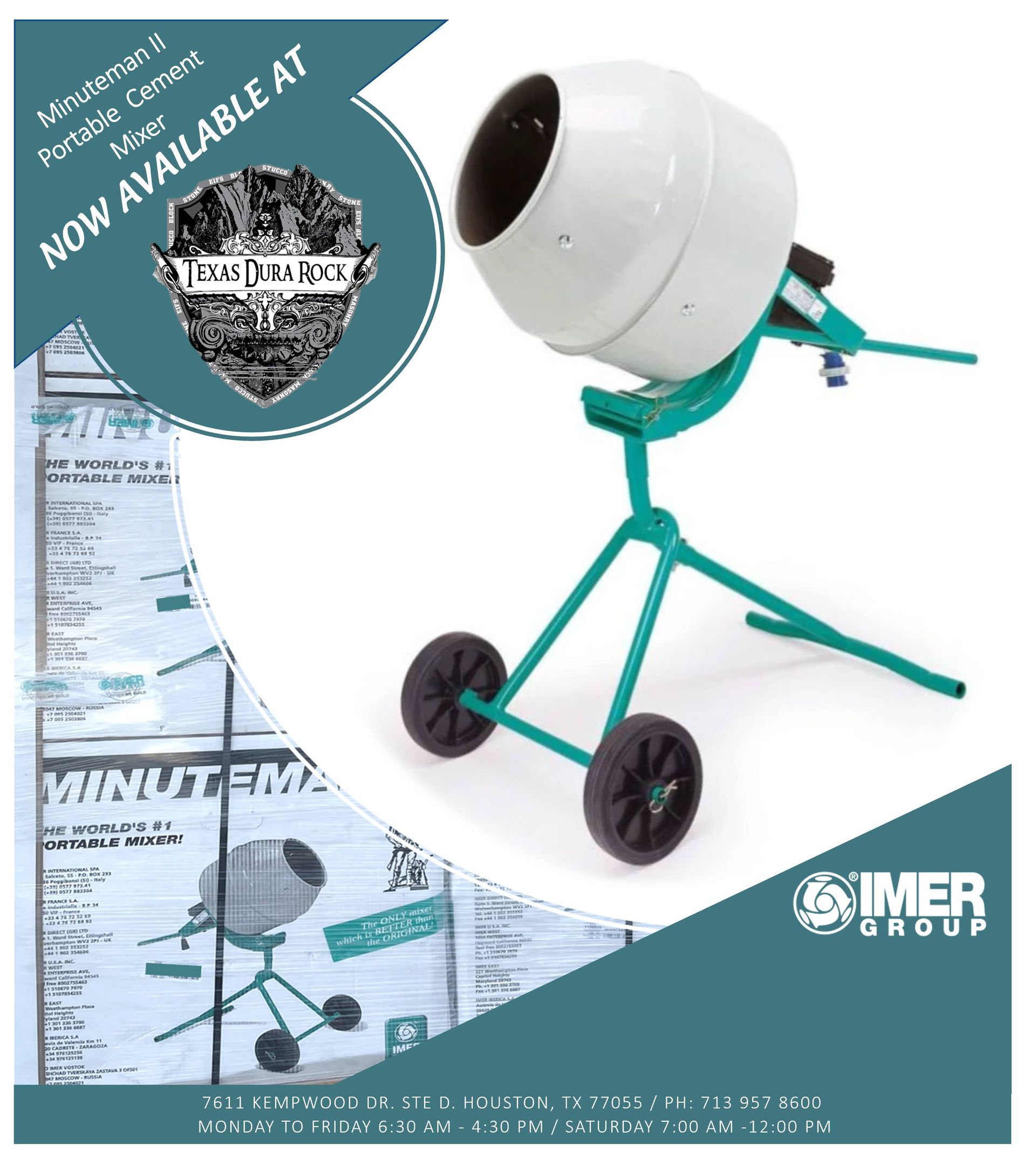 An advertisement for a concrete mixer that is now available