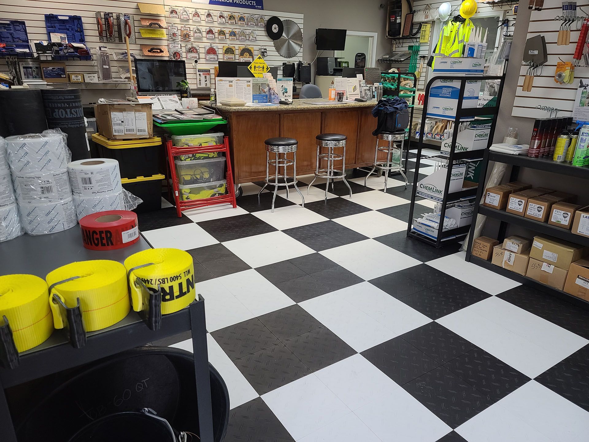 A black and white checkered floor in a store