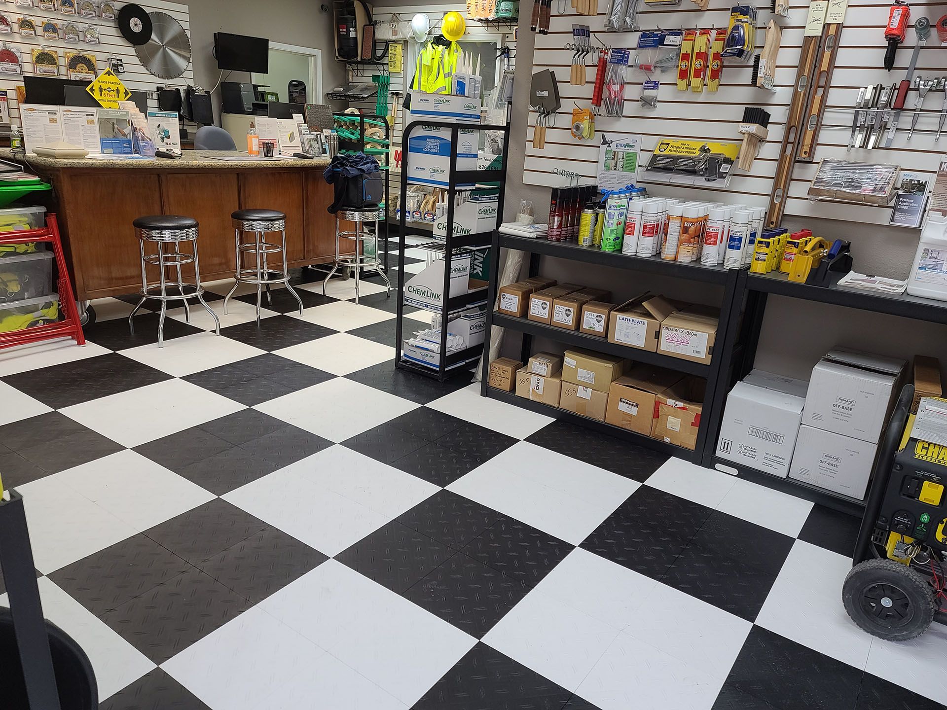 A black and white checkered floor in a store