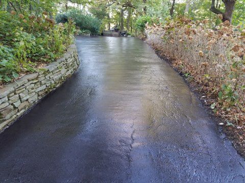 Wet paved path curving through a leafy garden, bordered by stone walls and shrubs