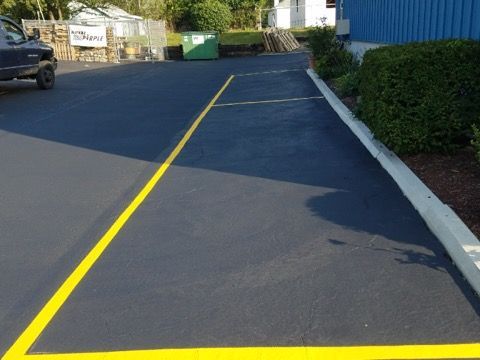 Empty parking lot with a bright yellow line painted on dark asphalt near shrubs and a building