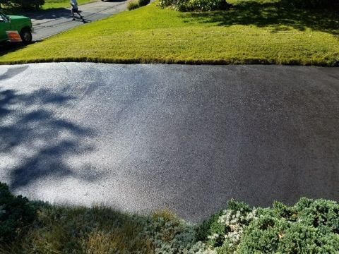 Sunny suburban driveway beside a green lawn and shrubs, with tree shadows across the pavement.