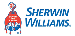 Sherwin-Williams logo with blue text and a red paint-can Earth illustration dripping paint.