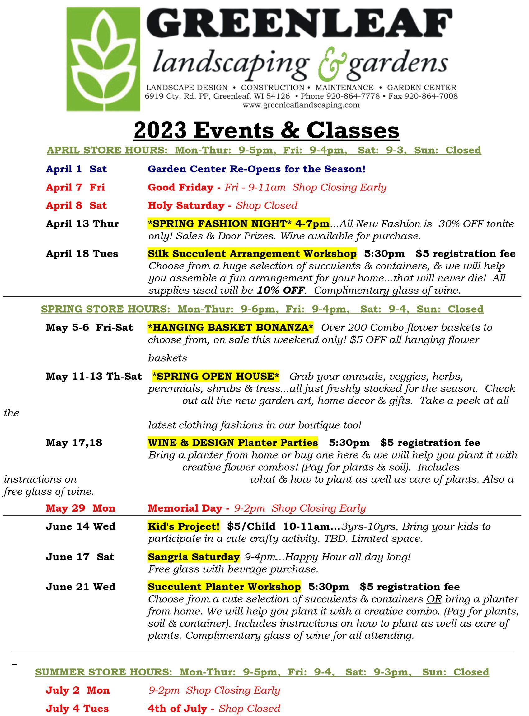 Events & Classes | Schedules | Greenleaf, WI