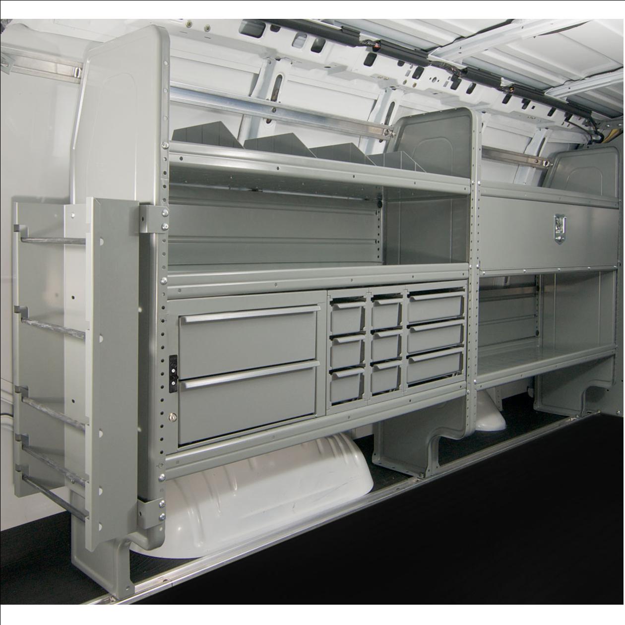 Gray shelving system inside a work van, featuring drawers, shelves, and storage bins.