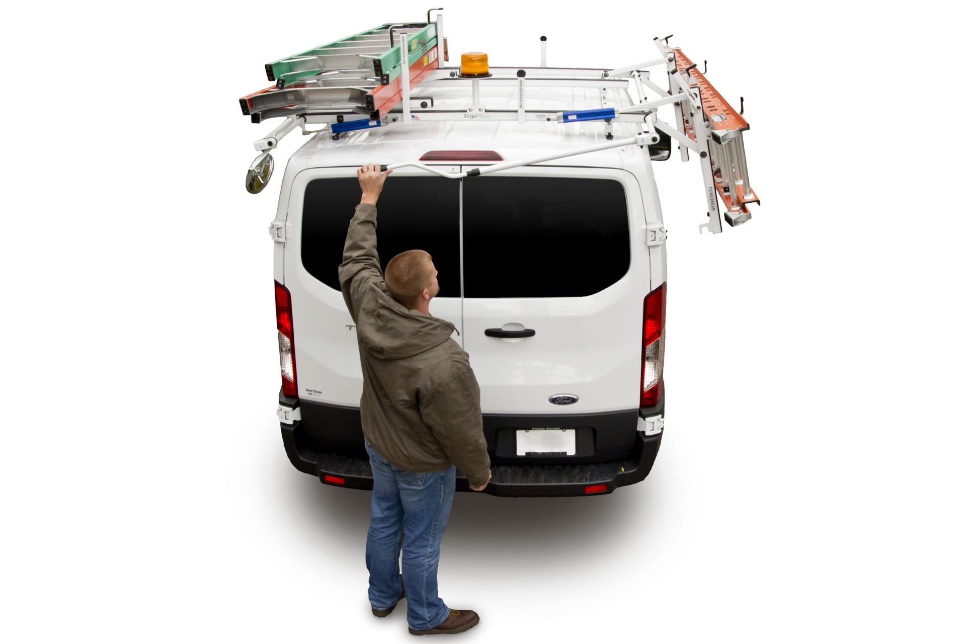 Man reaching for a white van's rear door