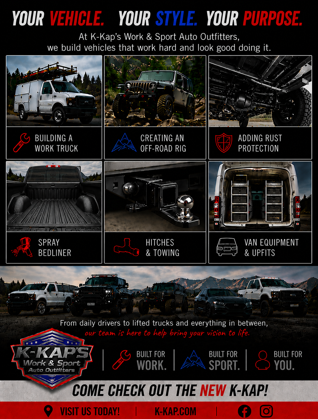 K-Kapz auto style promo with glossy black vehicle wrap examples and red-white logo on a dark background