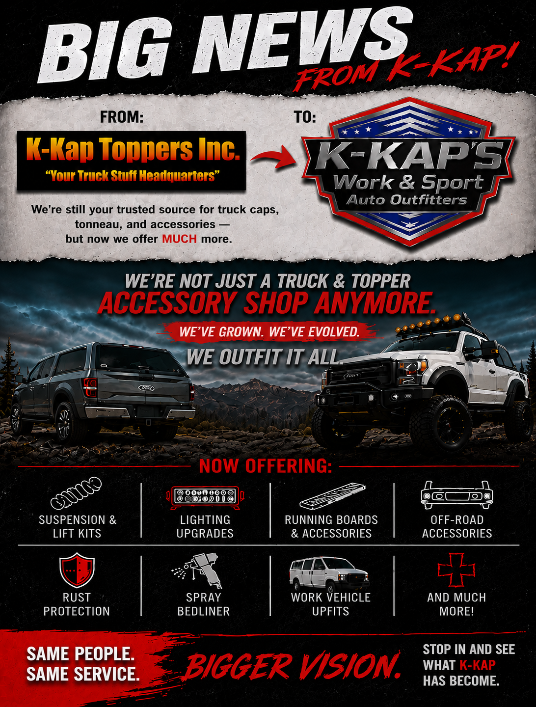 Big news ad for K-Kaps Work & Sport, formerly K-Way Toppers, with a truck and auto accessory services.