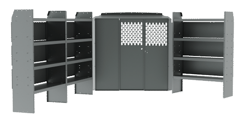 Gray van shelving unit with side shelves and a central cabinet with perforated panels.