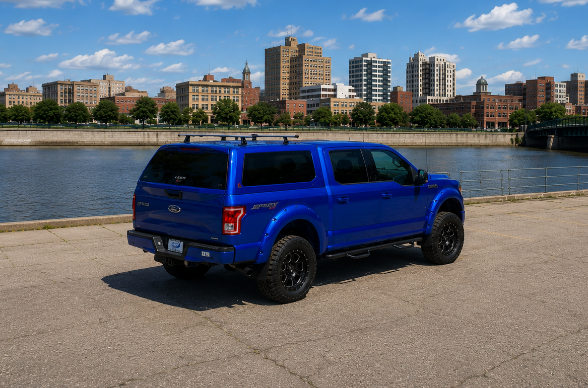 Blue Ford pickup truck with camper shell