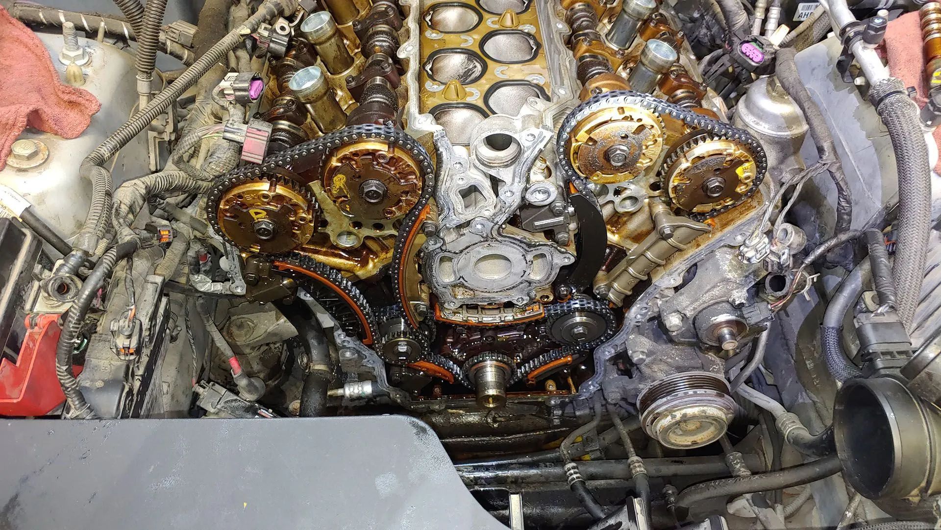 Engine disassembled, showing camshafts, timing chains, gears, and oil-stained components.