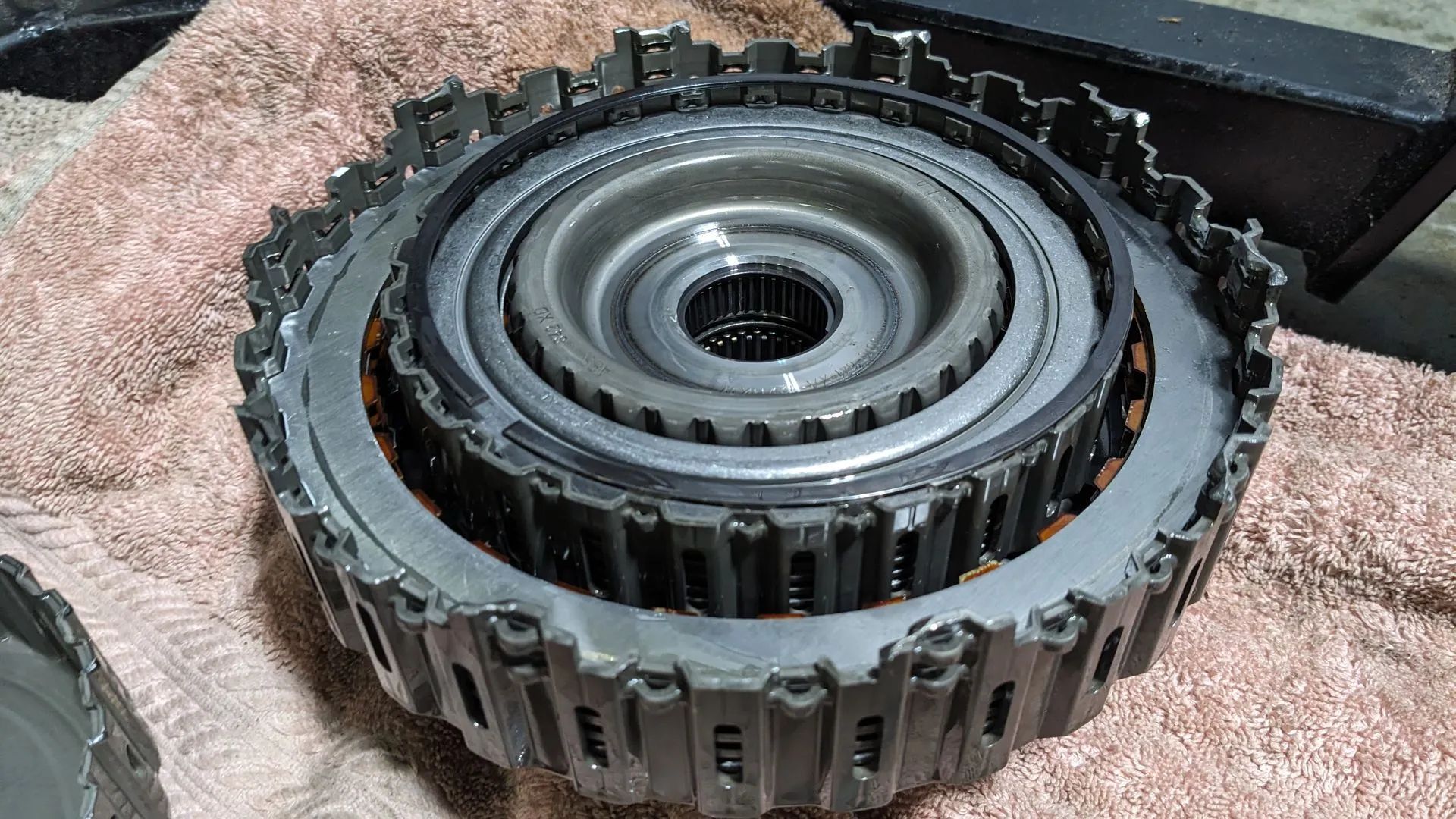 Close-up of an automotive transmission clutch drum assembly.