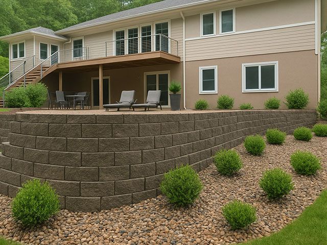 Stone retaining wall with patio and house in background.