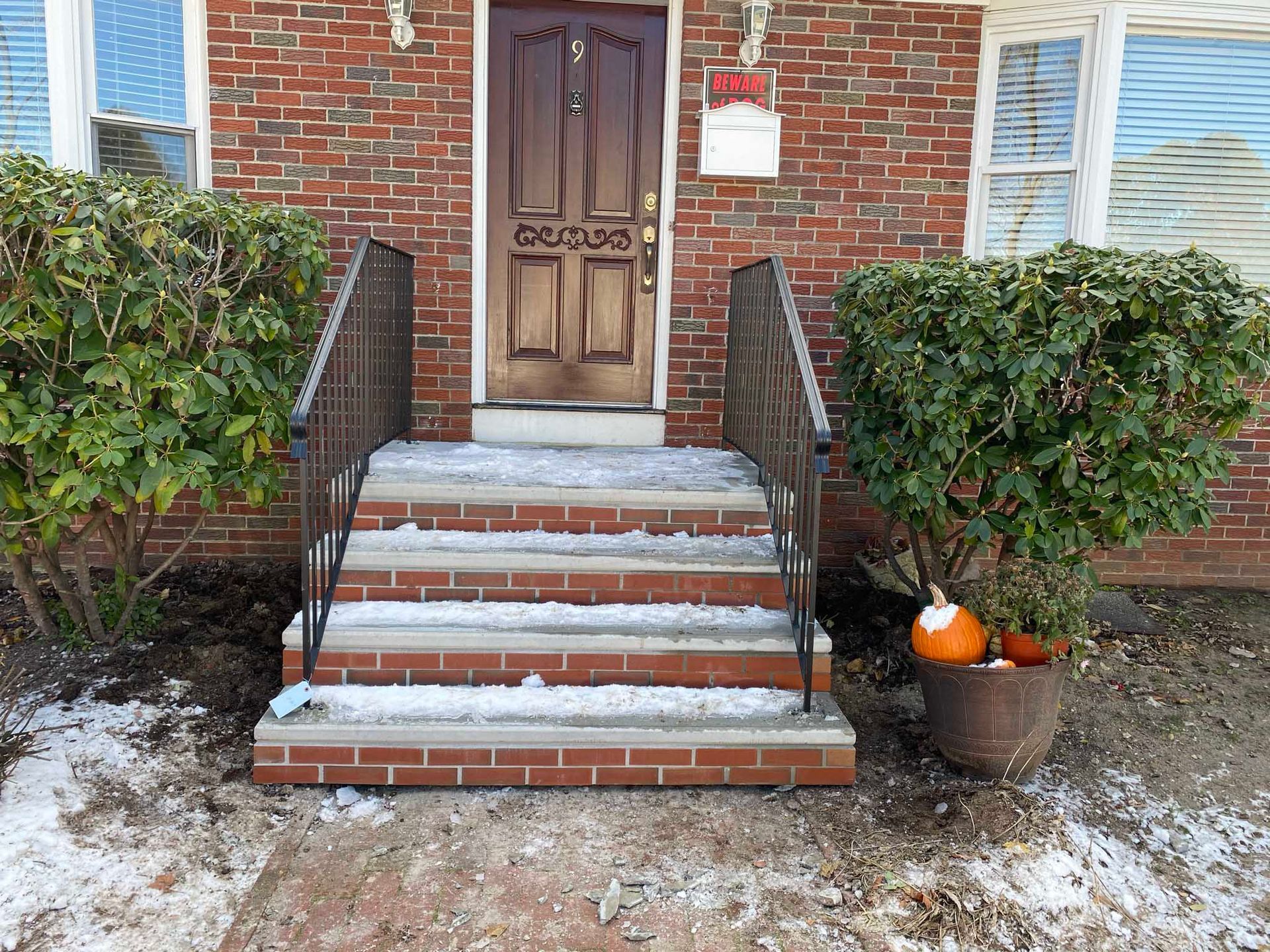 Brick house entrance with stone stairs, iron railings, and two green bushes in front of a brown door with a mailbox.