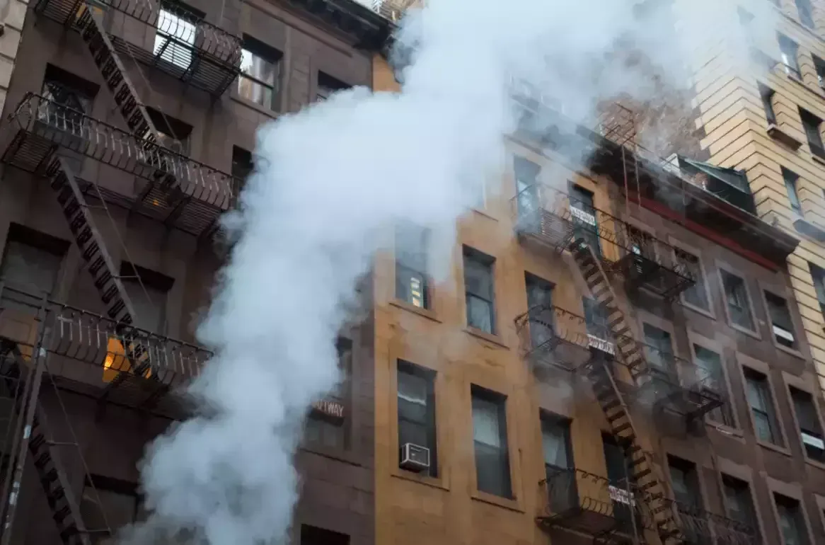 Smoke billows from an apartment building, filling the upper floors of the facade.