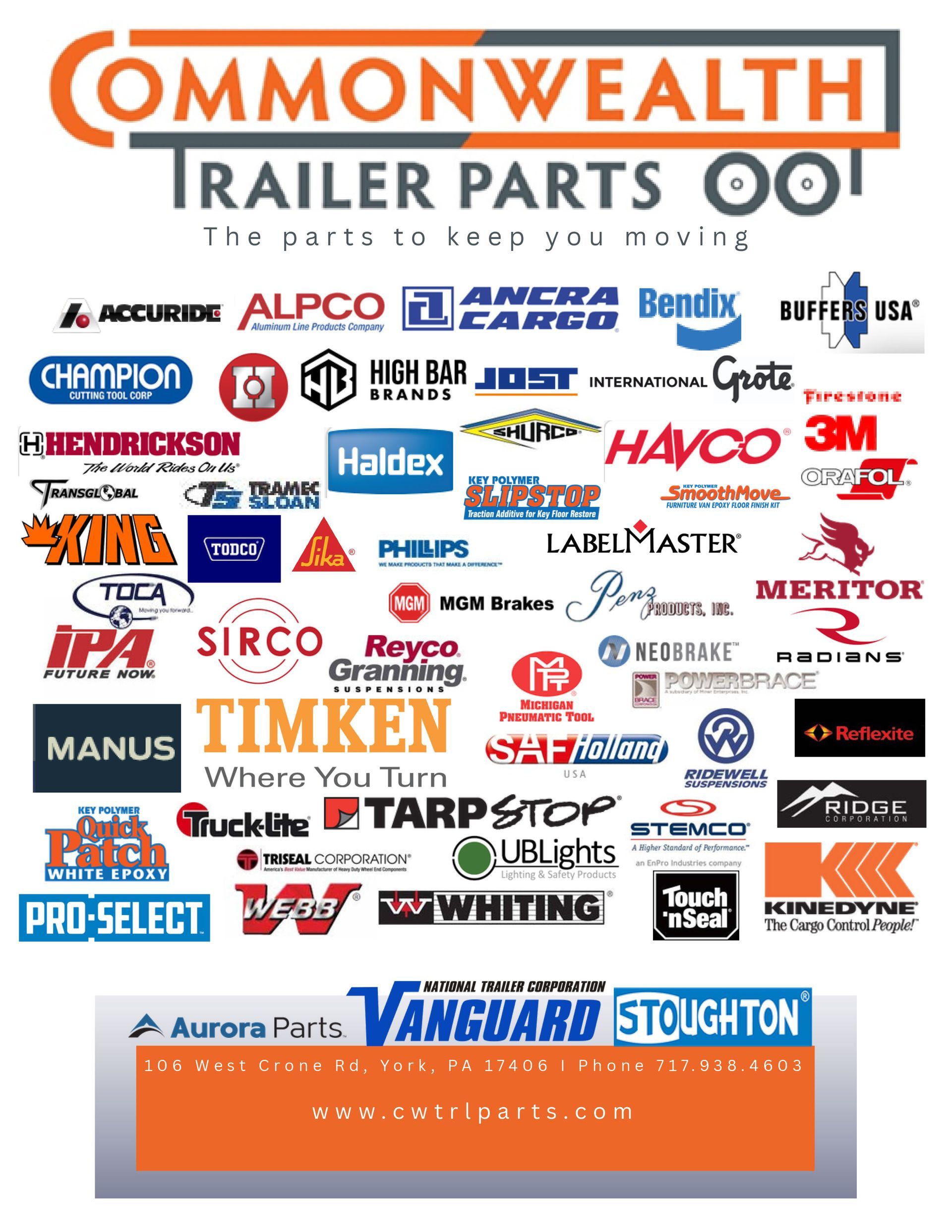 Commonwealth Trailer Parts company logo featuring a large collage of various industry brand partner logos.