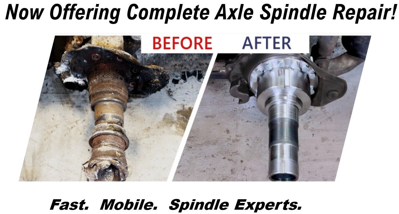 A before-and-after comparison of a rusted axle spindle repaired to a polished, clean condition.