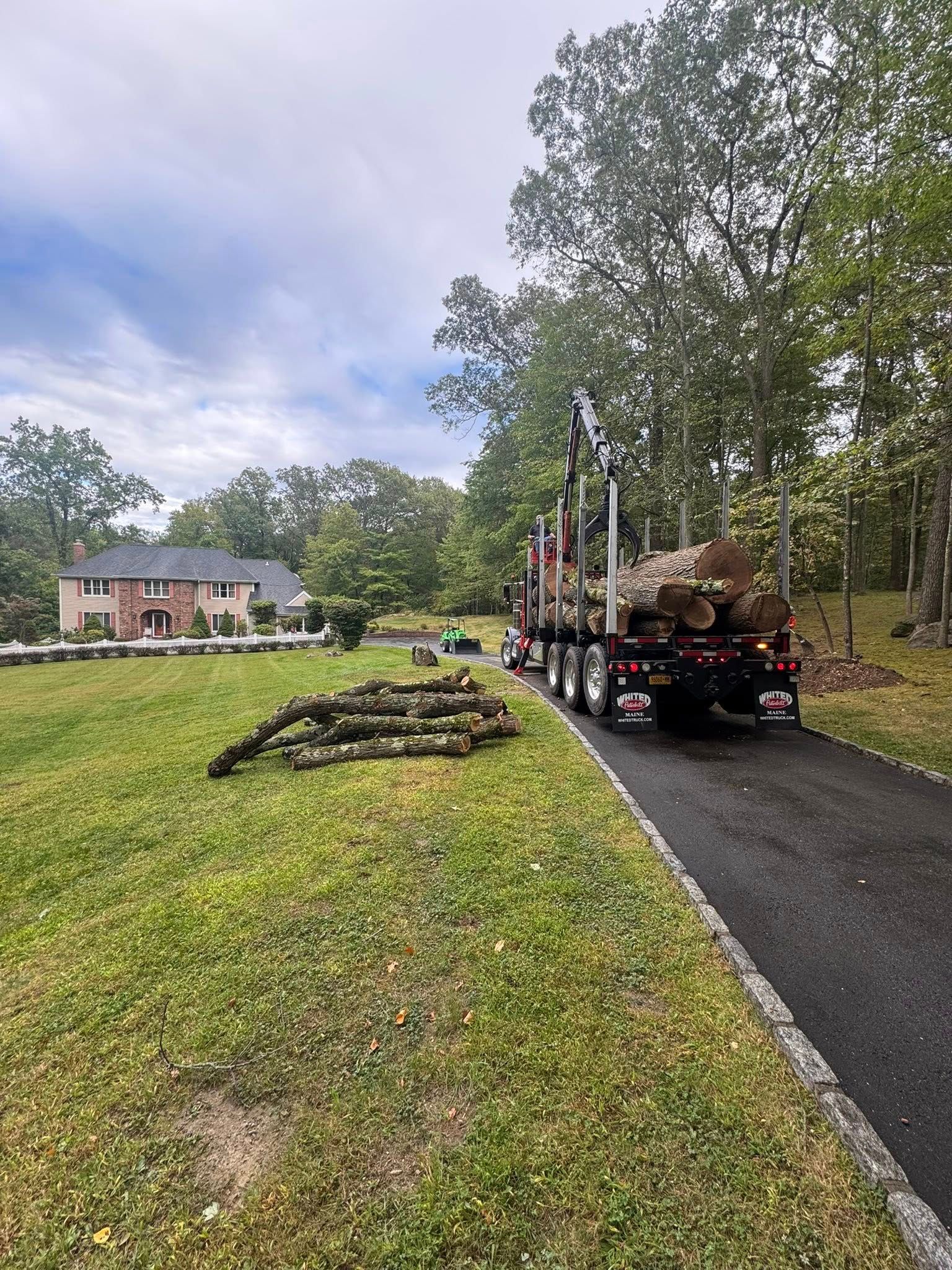 Truck hauling logs on a rural driveway beside a grassy yard and house under cloudy skies
