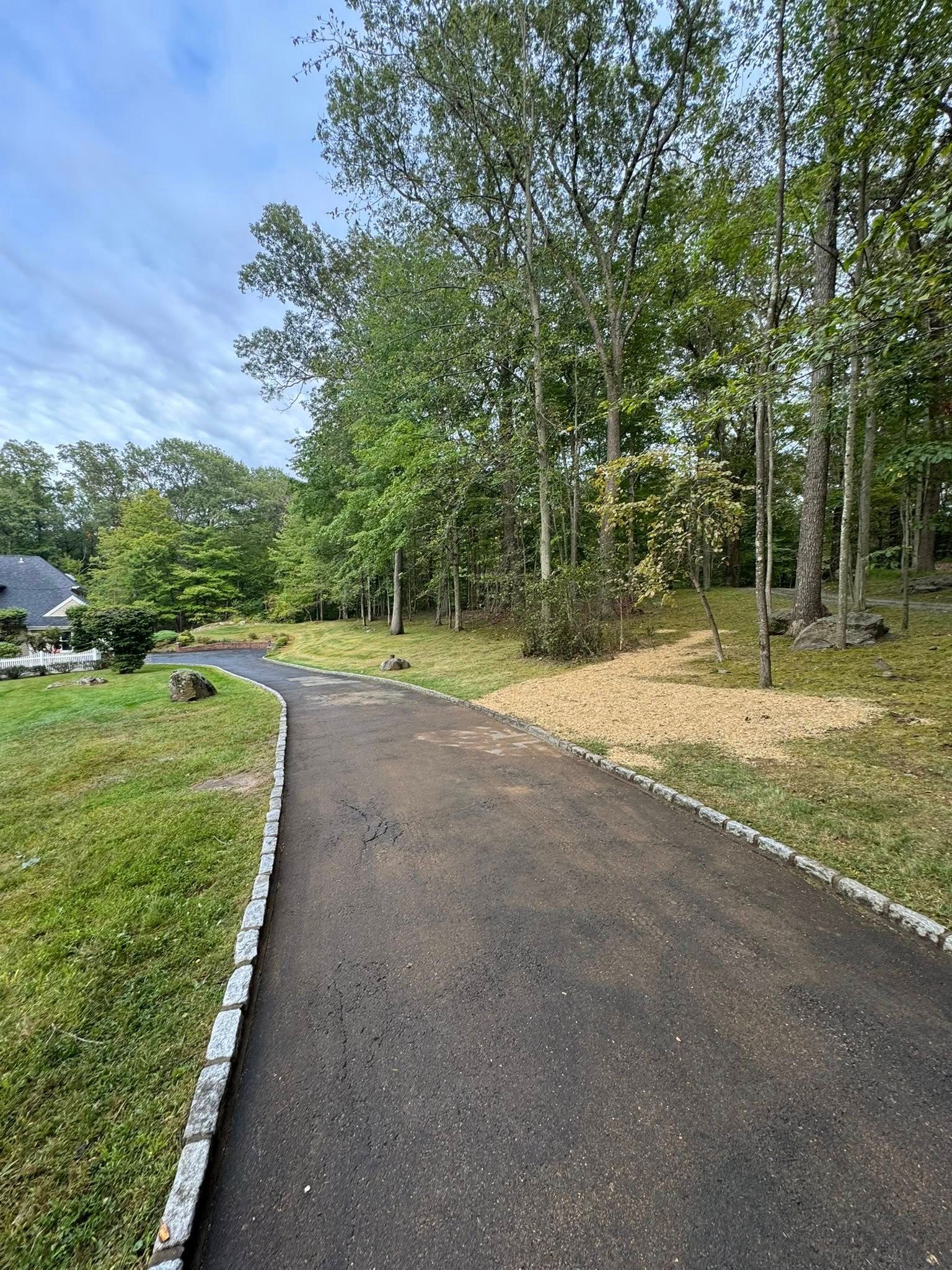 Paved walking path curves through a green wooded park under a blue sky.