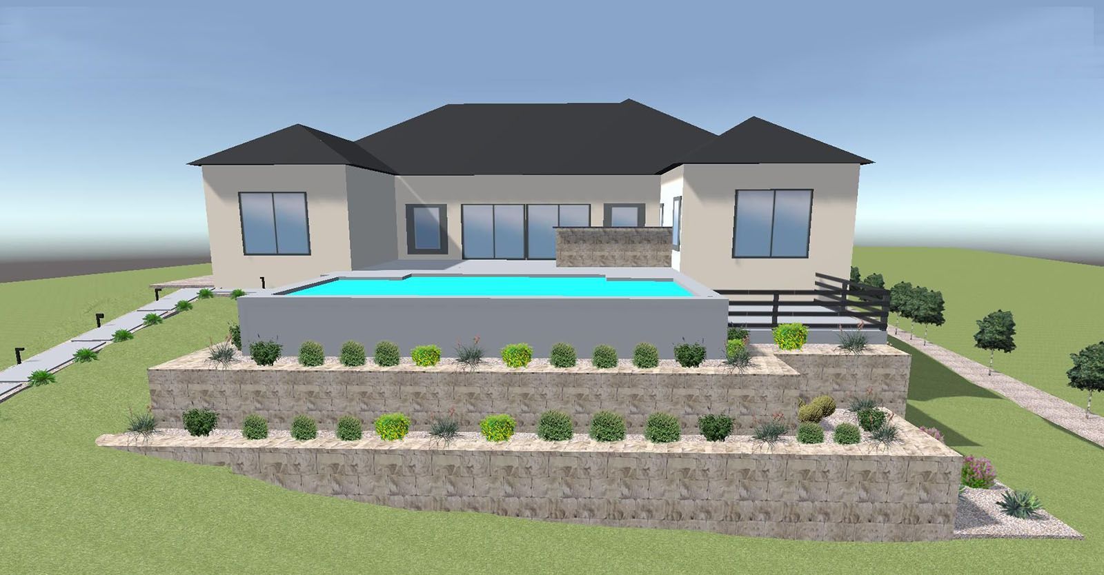 A rendering of a house on a raised platform, with tiered landscaping
