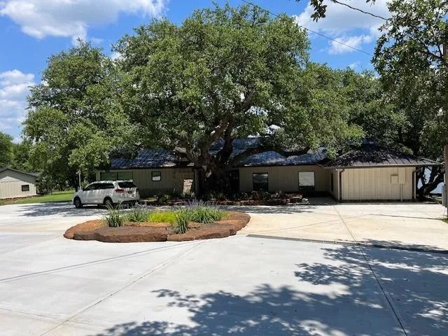 A light-colored house with a large oak tree in front, a concrete driveway, and a parked car.