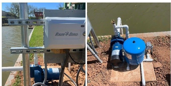 Two views of an irrigation system next to a waterway. Left: control box and pump. Right, pump and pressure tank.