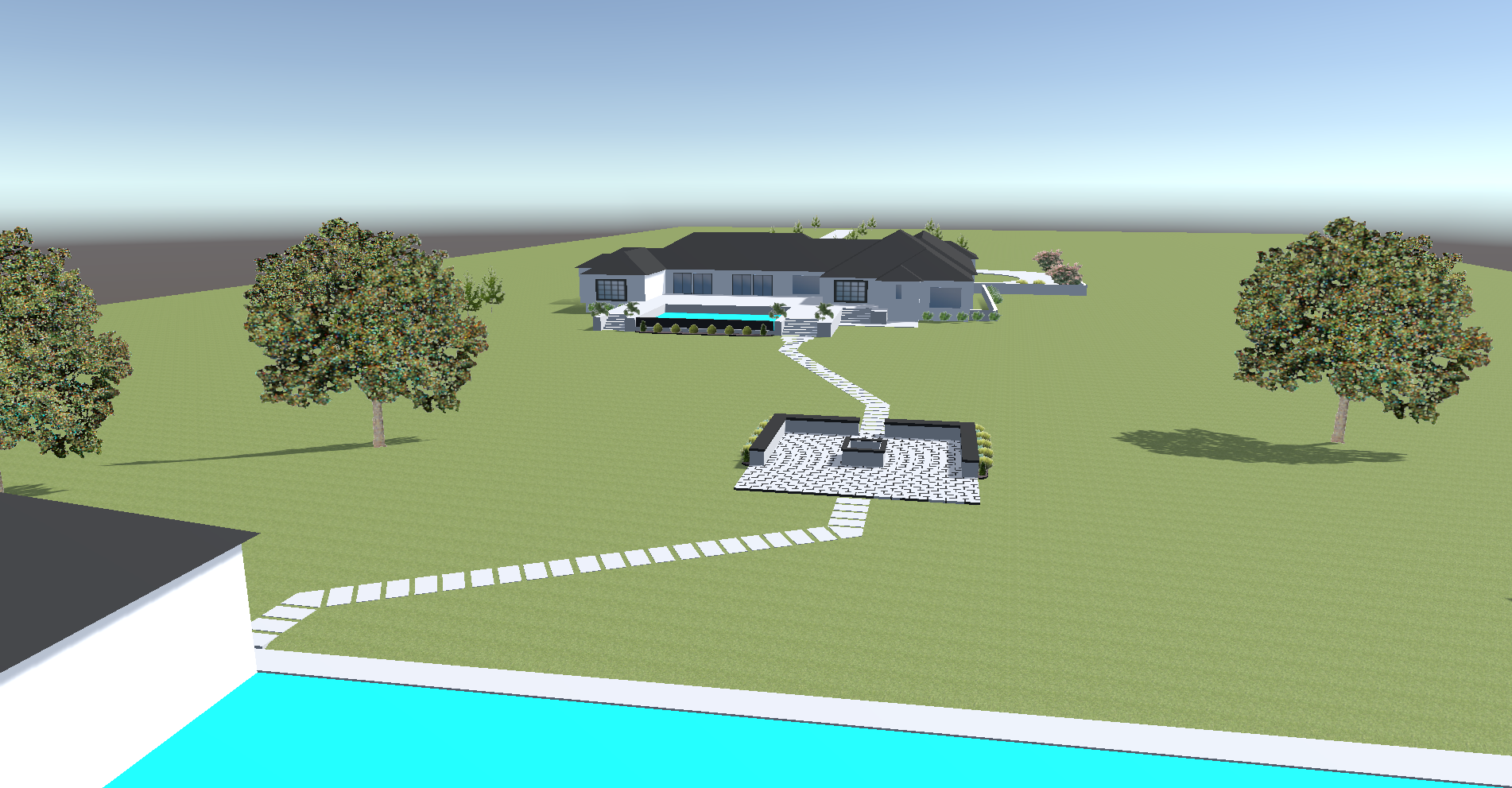 3D rendering of a large house with a pool, patio, and landscaping, on a grassy plot.