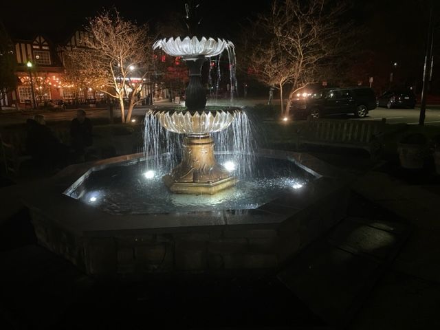 A fountain is lit up at night in a park.